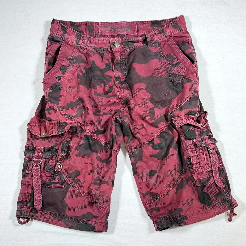 Y2K Twoce Twice Burgundy Black Camo Cargo Shorts 34 Baggy Buckle Skater Jorts